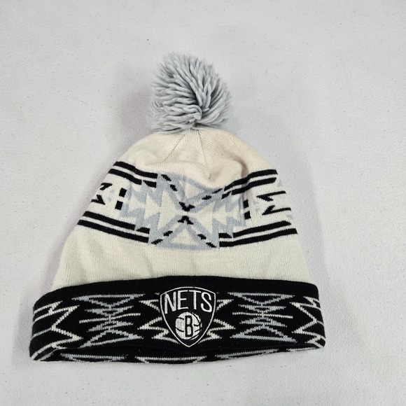 Mitchell & Ness Other - Brooklyn Nets Men Hat‎ One Size White Geometric Beanie Logo Embroidered Pom Pom
